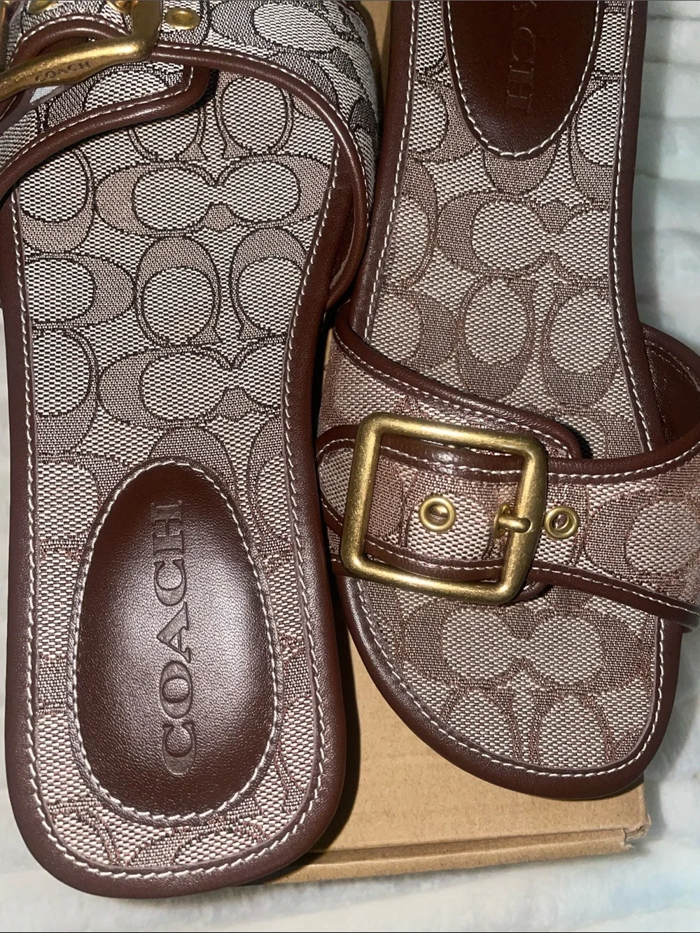 NIB Coach Margot Signature Oak/Maple Jacquard Wooden Platform Sandal Women’s 7